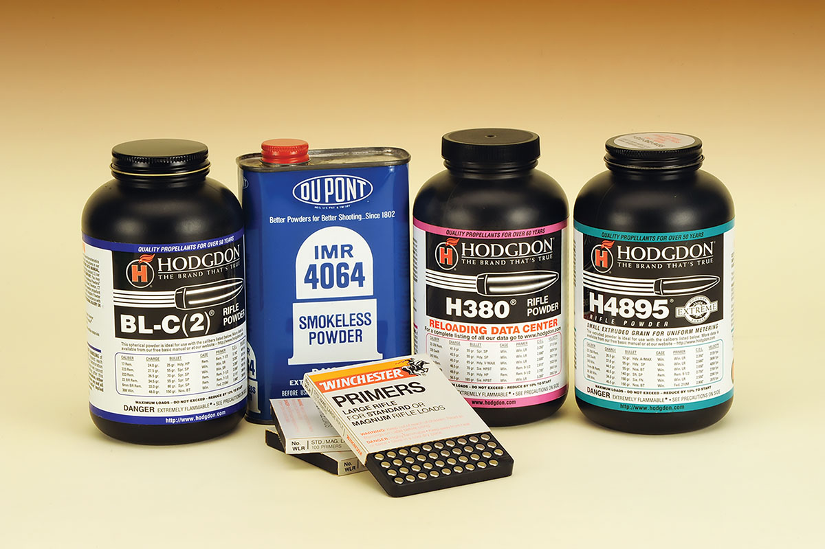The four powders that Stan found the best for the 225 Winchester are shown here in the form of BL-C(2), IMR-4064, H-380 and H-4895. Combined with Winchester WLR primers, it made for consistent results at the bench or in the field.